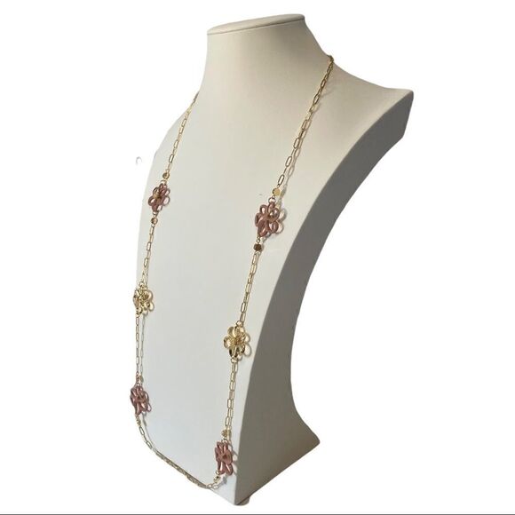 Carol Dauplaise Shiny Gold & Polymer Clay Flower Necklace on XL Gold Chain. - Picture 2 of 5